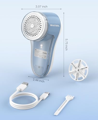 BEAUTURAL Fabric Shaver and Lint Remover, Rechargeable Sweater Defuzzer - color: Blue