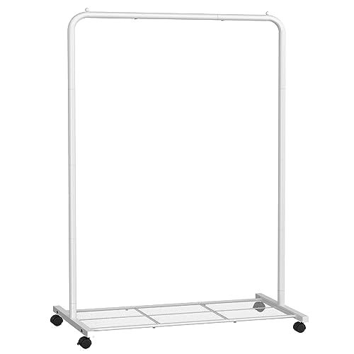 SONGMICS Clothes Rack with Wheels, Metal Garment Rack, Mesh Storage Shelf - color: White, style: Single Rod