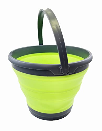 SAMMART 10L (2.6 Gallon) Collapsible Plastic Bucket - Foldable Round Tub - Portable Fishing Water Pail - Space Saving Outdoor Waterpot, Size 33cm Dia (Grey/Grass Green/Grey) - color: Grey/Grass Green/Grey