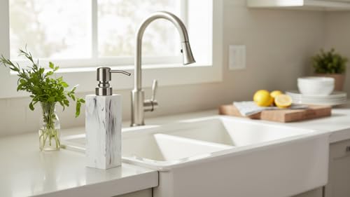 Ink White Soap Dispenser, Countertop Lotion Resin Bottles with Rust Proof Brushed Nickel Pump, Refillable Liquid Hand Soap Jar, Resin Shower Dispensers for Bathroom, Kitchen - color: Ink White+brushed Nickel