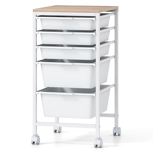 Giantex Rolling Storage Cart with 5 Drawers, Utility Cart w/Wooden Tabletop, Lockable Wheels, Multipurpose Organizer for Art Craft Books Paper, Drawer Carts for Dorm Classroom Office, White - color: White, size: 5 Drawer-13"x14.5"x25"