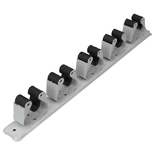Mop and Broom Holder Wall Mounted Storage Organizer by Home Basics | 5 Slot Storage Rack with Textured Rubber Grippers for Kitchen, Garage, Laundry Room