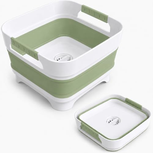 Collapsible Dish Basin with Drain Plug, 2.4 Gal 9L Foldable Wash Basin, Portable Sink Tub for Kitchen, Baby Bottles, Camping, RV, Vegetable Washing and Beverage Tub, Green - color: Green