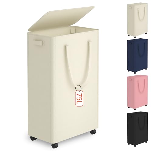 Slim Laundry Hamper with Wheels,20 Gal (75L) Rolling Laundry Basket with lid and wheels Clothes Hamper Foldable Tall Dirty Clothes Basket Sturdy Collapsible Clothes Hamper for Dorm,Laundry Room - color: Beige, size: 75L (17.3"L x 9.8"W x 26.8"H)