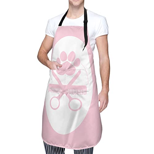 Perinsto Waterproof Apron With 2 Pockets Kitchen Chef Aprons Bibs For Cooking Baking Painting Gardening Grooming - color: Dog Grooming (Pink)
