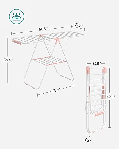 SONGMICS Clothes Drying Rack, Foldable Space-Saving Laundry Drying Rack - color: White + Pink, size: 1 Tier （21.7"d x 58.3"w x 39.4"h）