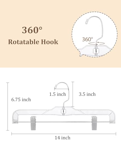 AMKUFO Pants-Hangers-with-Clips-15-Pack, 14 Inch Clear-Plastic-Skirts-Hangers-with-Adjustable-Clips for Shorts Jeans Trousers, Clothes-Hangers Non-Slip Clip-Hangers - size: 15 Pack
