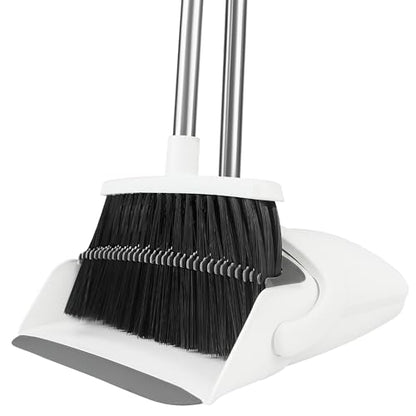 Broom and Dustpan Set, 52" Longe Adjustable Handle, White - color: White