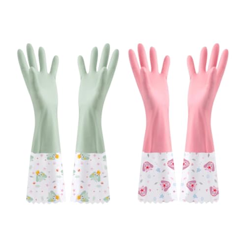 KINGFINGER PVC Flocked Lined Dishwashing Gloves, 2 Pairs Extra Long 15.7in Kitchen Gloves for Washing Dishes, Fleece Lining, Printed Cuff, Non-Slip, Oil & Acid Proof, Green & Pink, M