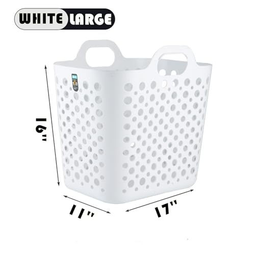 Portable Laundry Hamper with Handles - Foldable Rectangle Clothes Basket for Bedroom, Bathroom, Dorm, or Storage - Durable Plastic Laundry Organizer (White, Large) - color: White, size: Large