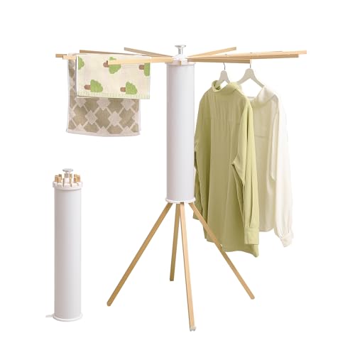 RFOUO Foldable Clothes Drying Rack with Wooden 12 Rods - color: Wood