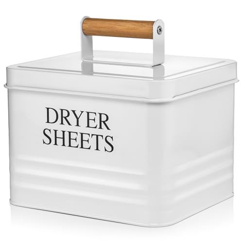 Calindiana Modern Farmhouse Metal Laundry Dryer Sheets Holder Fabric Softener Dispenser with Lid for Laundry Room Decor and Accessories and Space Saving Laundry Organization and Storage, White - color: White