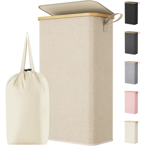 Lifewit 75L Slim Laundry Hamper with Lid and Removable Bag, Beige - color: Beige, size: 75L
