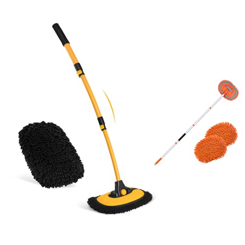 Ordenado 15°Curved Car Wash Brush with Long Handle, 43" Car Cleaning Brush with Extension Pole, 62" Car Wash Brush Kit Mitt Mop Sponge with Long Handle Chenille Microfiber Car Cleaning Brush Kit