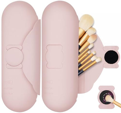 Travel Silicone Makeup Brush Holder with Cleaning Pad and Magnetic Closure - color: Pink