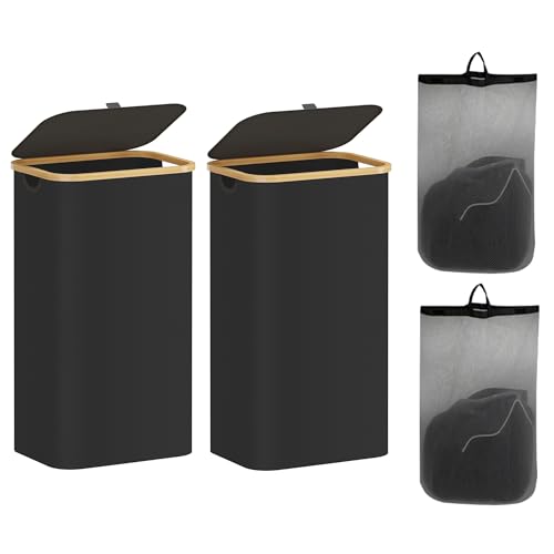 2-Pack 100L Bathroom Dirty Clothes Basket, Laundry Hamper with Lid, Collapsible Laundry Basket, Bedroom Storage Case with Bamboo Support, with Handles and Removable Inner Bag (Black) - color: Black