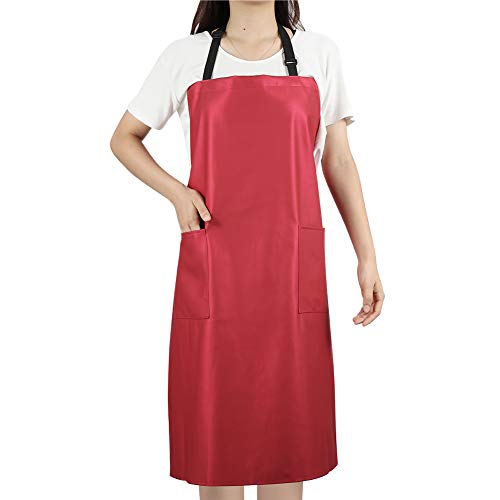 Waterproof Rubber Adjustable Dishwasher Apron for Women Men with 2 Pockets - color: Red-with Pockets
