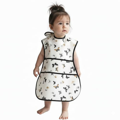 Plie Full Coverage Waterproof Feeding Bib for Toddlers – Extra Long Apron Bib for Mealtime, Self-Feeding, High Chairn - color: Ivory/Butterfly