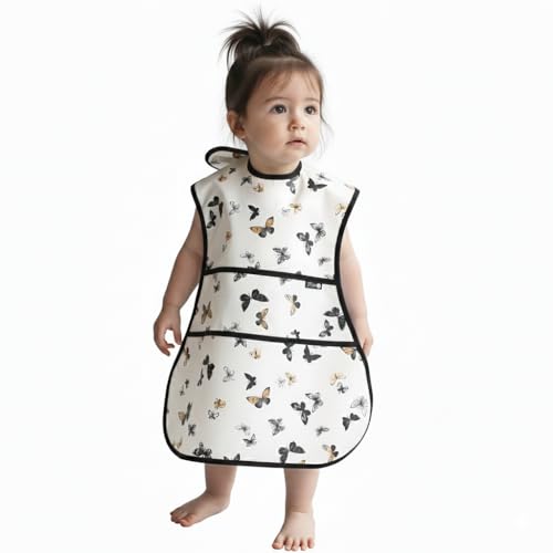 Plie Full Coverage Waterproof Feeding Bib for Toddlers – Extra Long Apron Bib for Mealtime, Self-Feeding, High Chairn - color: Ivory/Butterfly
