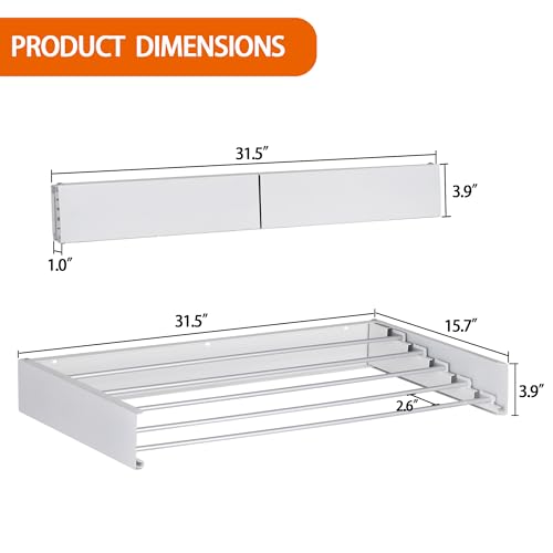 FOCHIER F Laundry Drying Rack Wall Mounted Clothes Drying Rack Collapsible with 5 Aluminum Rods and Drilling Template Long Screwdriver Bit 60 lbs Capacity (White, 31.5") - color: White, size: 31.5"