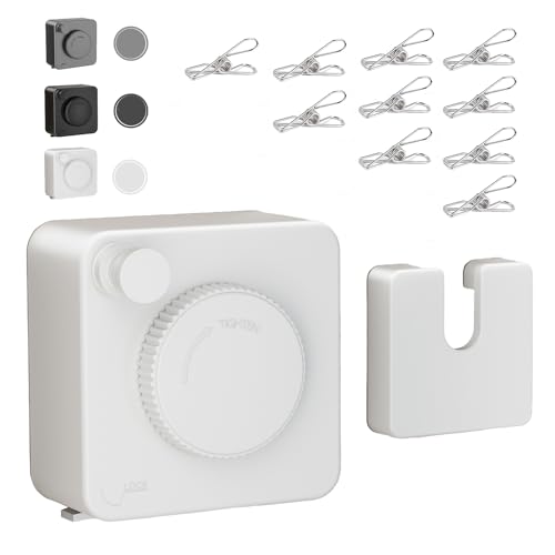 JXKNKSR-Telescopic Clothesline Indoor and Outdoor, Heavy-Duty Laundry Line, Wall Mounted, Safety Lock System (White+10Clothes Pins)