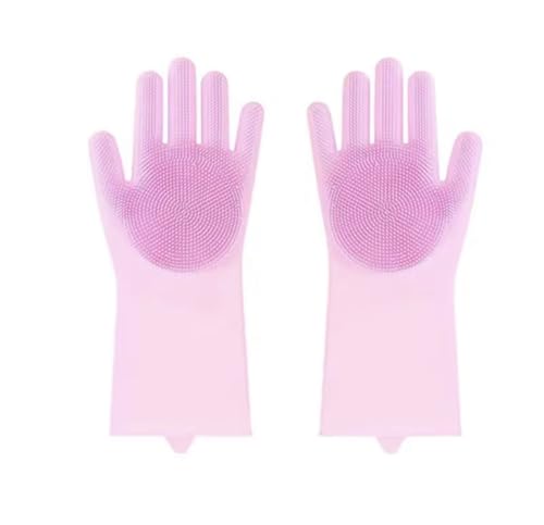 Silicone Dishwashing Scrubber Gloves, Reusable Cleaning Gloves with Built-In Scrubbing Bristles - color: Pink