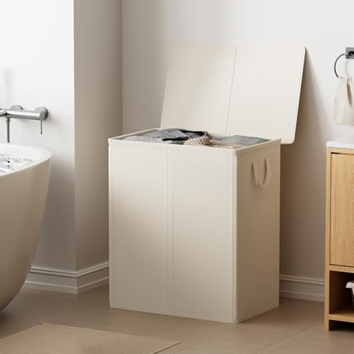Chrislley Double Laundry Hamper with Lid, 160L Laundry Basket 2 Section - color: Beige, size: 160L(25.0"L x 14.2"W x 27.2"H)