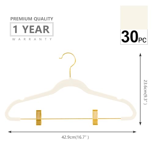 MIZGI Premium Velvet Pants Hangers with Adjustable Clips (Pack of 30) Slim Skirt Hangers- Non Slip Felt Outfit Dress Hangers Ivory - Gold Hooks,Space Saving Shirt Clothes Hangers - color: Ivory/Gold, size: 30-Pack