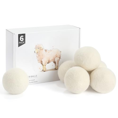 Wool Dryer Balls 6 Pack, Natural Fabric Softener, Dryer Balls Laundry Reusable, Reduces Clothing Wrinkles and Saves Drying Time (White) - color: White