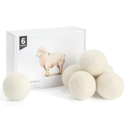 Wool Dryer Balls 6 Pack, Natural Fabric Softener, Dryer Balls Laundry Reusable, Reduces Clothing Wrinkles and Saves Drying Time (White) - color: White