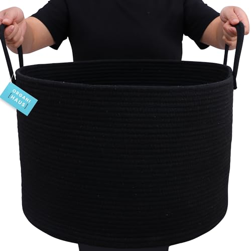 OrganiHaus Round Toy Basket & Blanket Basket, Cotton Rope 20x13" - color: Full Black, size: Wide