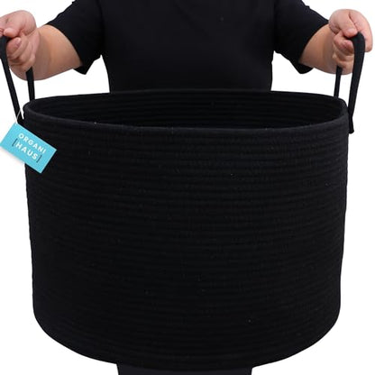 OrganiHaus Round Toy Basket & Blanket Basket, Cotton Rope 20x13" - color: Full Black, size: Wide