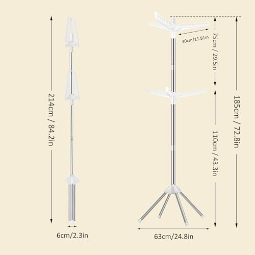 SUYU Clothes Drying Rack,Folding Clothes Drying Tree, 2 Layer with 6 Rotatable Arms,72-Inch Indoor Clothes Rack,Stainless Steel,4 Legs,White and Silver SNJ202 - style: 2-Tier-Hang