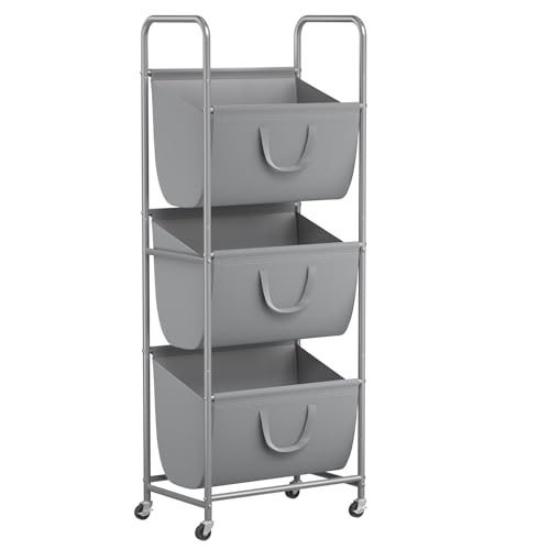 ELYKEN 3-Tier Vertical Rolling Laundry Hamper with Wheels & Removable Bags - color: Gray