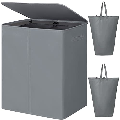 WOWLIVE 154L Double Laundry Hamper 2 Section with Lid and Removable Bags - color: Grey, size: 154l (24.8x 14.2 X 26.8 Inches)