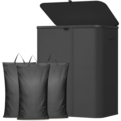 Lifewit 185L 3 Section Laundry Hamper with Lid, Laundry Basket, Black - color: Black, size: 185L