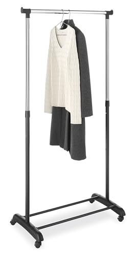 Whitmor Adjustable Garment Rack with Wheels, Rolling Clothes Rack for Hanging Clothes, Heavy Duty Single Rail Clothing Rack, Portable Hanging Rack for Bedroom, Laundry Room, Black & Silver - color: Matte Black & Chrome