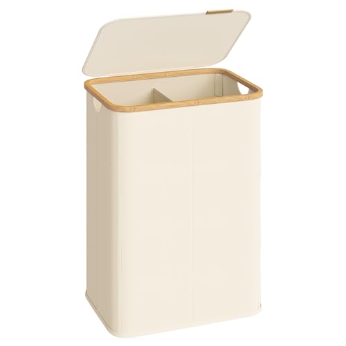SONGMICS Laundry Hamper with Lid, 140L Laundry Basket, Bamboo Frame - color: Cream White, size: 140 L (2-Section)
