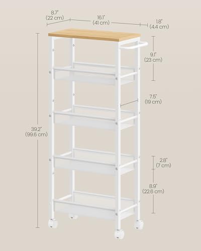 VASAGLE 5-Tier Slim Rolling Storage cart with Wheels, 8.7 Inches, Metal - color: Oak Beige + Classic White, size: 5 Tiers (8.7"D x 39.2"H)