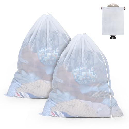 OTraki Ex-Large Mesh Laundry Bag 36x43 Inch Drawstring Laundry Wash Bags 2 Pack Dirty Clothes Net Laundry Bag Heavy Duty Travel Storage Organize Bag Don't Drying, Melting 140-176℉ White - size: 36 x 43 inch