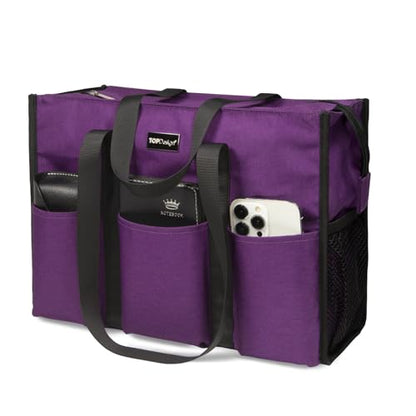 TOPDesign Utility Water Resistant Tote Bag with 13 Pockets, Zipper Closure - color: Purple, size: Medium