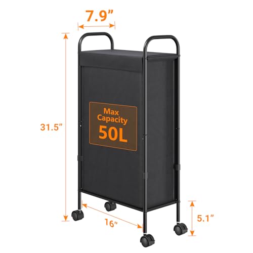 ELYKEN Slim Laundry Hamper with Lid & Wheels, 50L Rolling Laundry Basket - style: Black-50L
