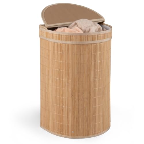 Giantex Bamboo Laundry Hamper with Zippered Lid, 16 Gal Large Capacity Clothes Hamper w/Removable Liner, Half Moon Laundry Basket for Bedroom, Bathroom, Laundry Room (Natural) - color: Natural