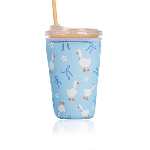 Reusable Insulated Sleeve for Iced Coffee Cup, Coffee Neoprene Sleeve for Cold & Hot Drinks, Beverage Holder for Iced Coffee (Blue Geese, Medium: 22-24oz) - color: Blue Geese, size: Medium: 22-24oz