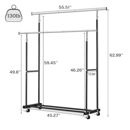 VICERII Double Clothing Rack, 130LB Capacity Heavy Duty Garment Rack with Wheels and Bottom Shelf, 55.51 Inch Long Rolling Clothes Racks for Hanging Clothes, Black - color: Black, size: Double