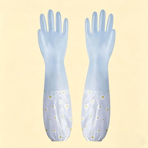 1 Pair M Code Reusable Rubber Dishwashing Gloves,Long Waterproof Cleaning Gloves with Elastic Cuffs for Kitchen Laundry Gardening Household(Blue)