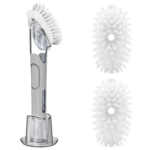 RIMAY Soap Dispensing Dish Brush Set with 2 Brush Refills and Holder - color: Gray