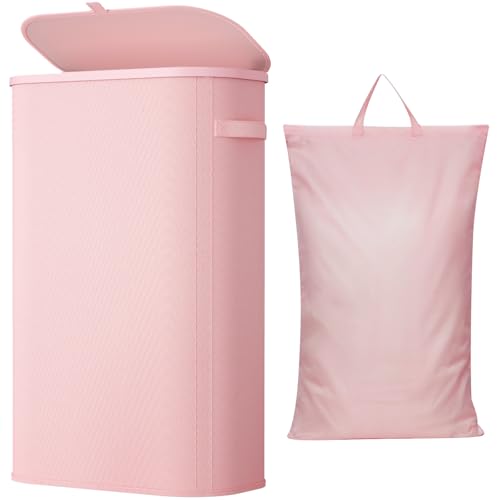 Lifewit Slim Laundry Basket with Lid and Removable Bag, 65L, Pink - color: Pink, size: 65L