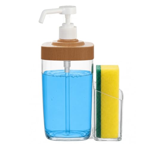 Kitchen Soap Dispenser with Sponge Holder, 800ml Large Capacity Dish Soap Dispenser Caddy, Shatterproof & Rustproof Sink Organizer with Extended Tube, Removable Caddy - Free Funnel Included-Wood Grain - color: Wood Grain