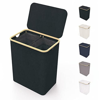 LONBET Laundry Basket with Lid, Made from Breathable Fabric | Aesthetic Clothes Hampers for Laundry with Side Handles & Sturdy Bamboo Frame (40 Gallons - Double, Black) - color: Black, style: 40 Gallons - Double